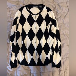 Evelyn & Arthur 100% Silk Black and White Argyle Cardigan size large EUC